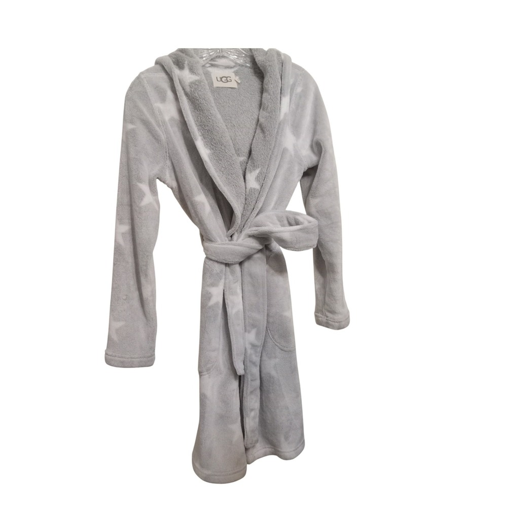 UGG Women's Miranda Plush Velour Hooded Robe Gray White Stars Small Retail $130